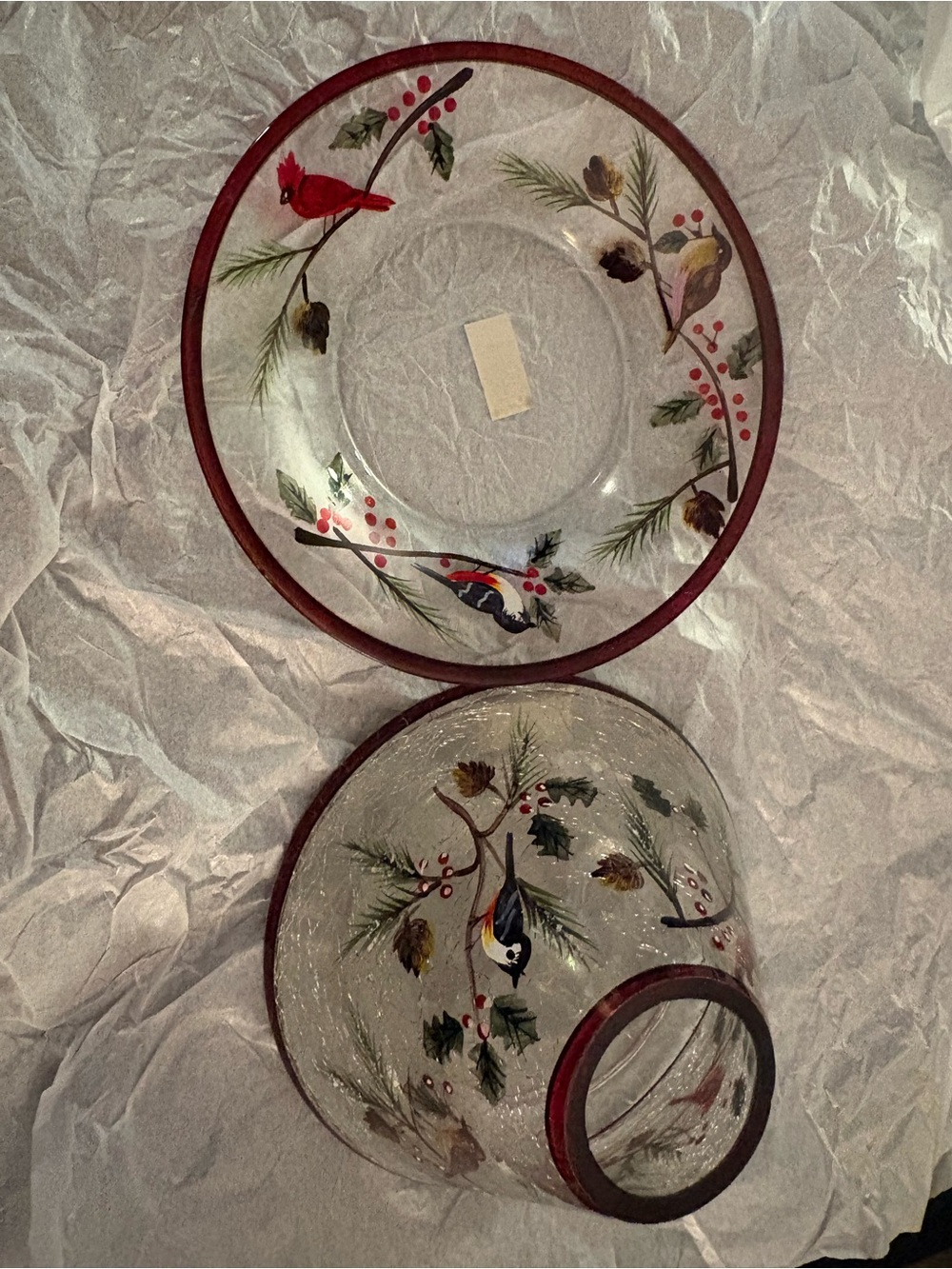 Vtg Yankee Candle Winter Birds Crackle Glass Shade & Plate Set